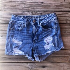 American Eagle Size 2 Hi Rise Shortie Blue Jean Lace Pockets Destroyed Short